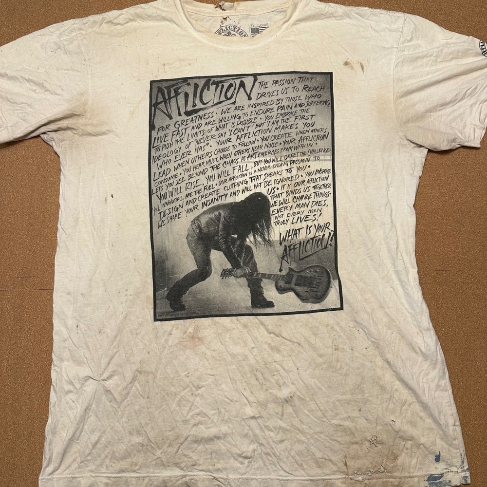 Affliction Graphic T-Shirt Mens 2XL White Distressed Grunge Rock Live Fast Tee